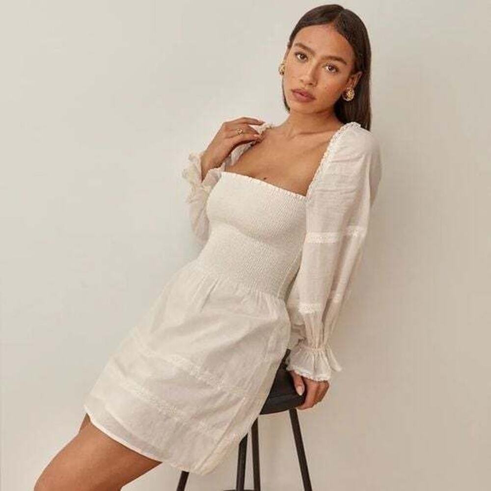 REFORMATION Dunes Dress Puff Sleeve Mini Cottagecore Peasant Ivory Cream Size 6